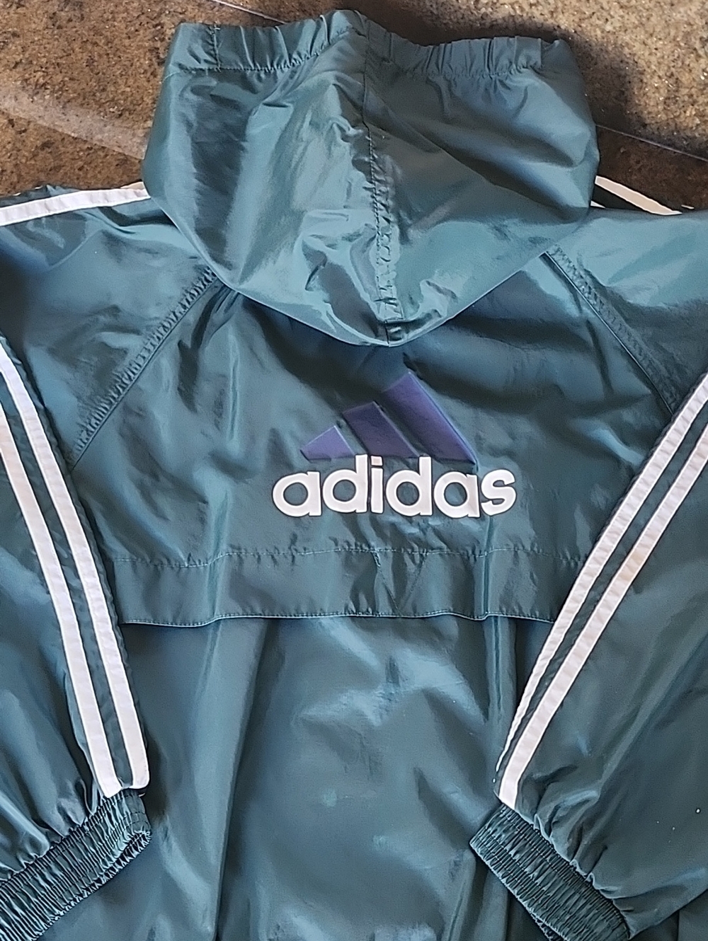 Adidas Green Windbreaker Track Jacket with White Stripes - Sz Medium - Vintage